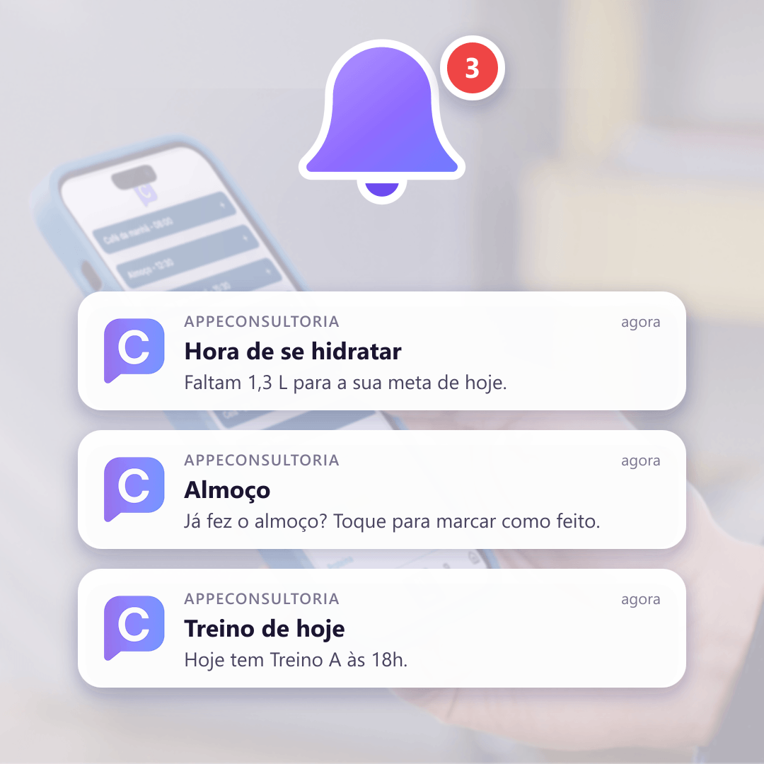 Notificações do app do paciente lembrando de beber água, marcar o almoço e treinar