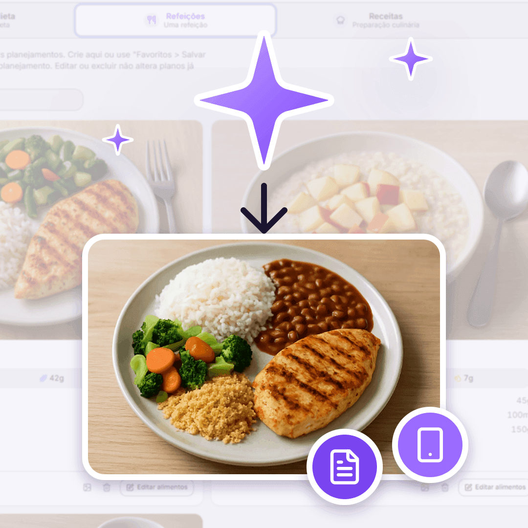 Refeições favoritas com imagens geradas por IA, exibidas no app do paciente e no PDF